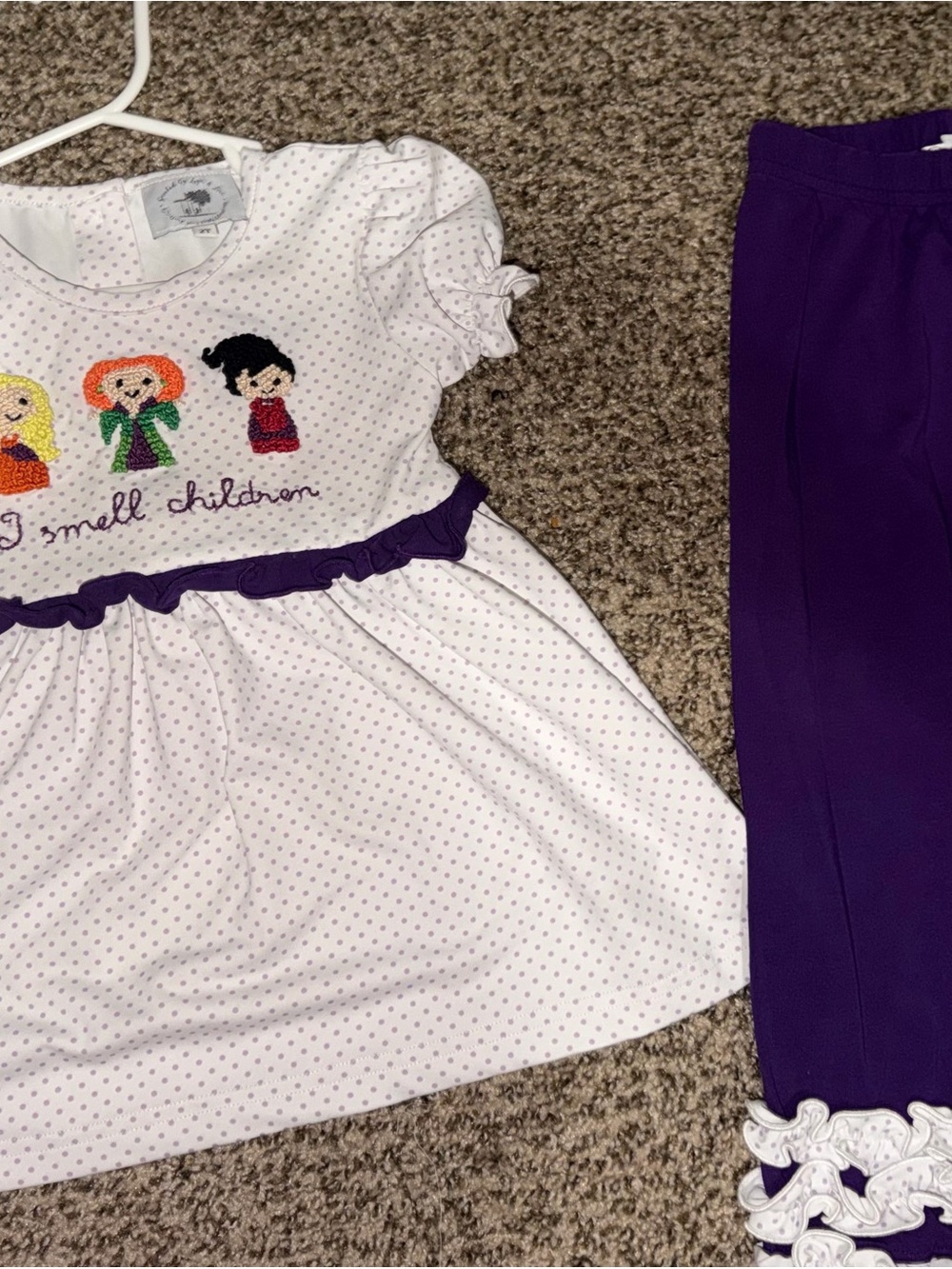 Girls White Polka Dot Dress & Purple Leggings Matching Set